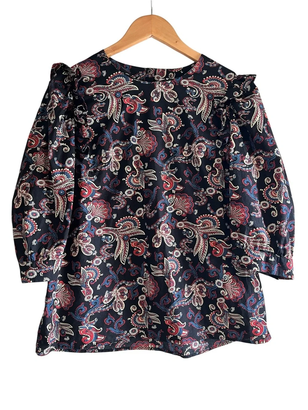 ba&sh Rym Black Paisley Puff-Sleeve ruffled blouse size L excellent condition - Picture 4 of 16